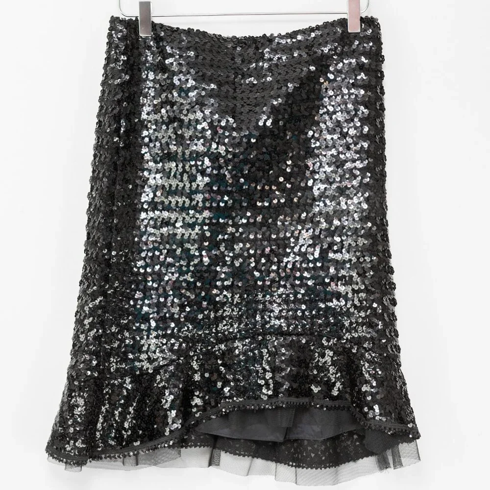 Nanette Lepore Sequin Skirt Tulle Hem Mermaid Midi Evening Black Size 6 - Picture 1 of 6
